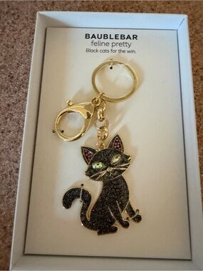 New Baublebar Rhinestone Glitter Crystal Black Cat Bag Charm Keychain Halloween